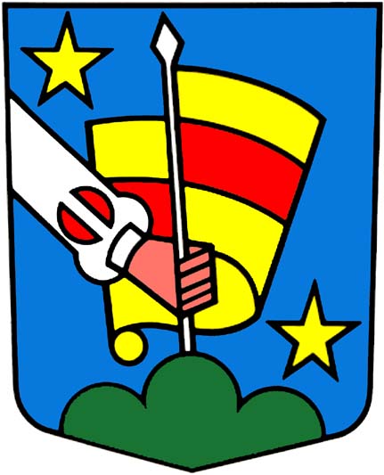 In Blau ein aus dem rechten Schildrand hervorbrechender, mit einem rotgeschlitzten silbernen Ärmel bekleideter Arm, eine auf einem grünen Dreiberg aufgepflanzte zweimal von Gold, Rot und Gold geteilte Fahne haltend, im rechten Obereck und im linken Untereck begleitet von je einem fünfstrahligen goldenen Stern